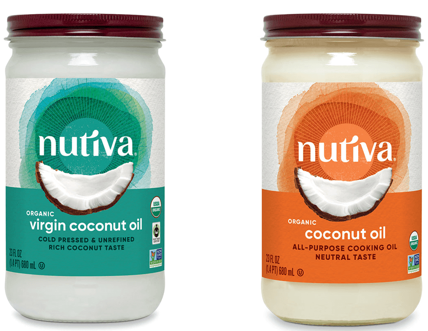 Two versions of organic coconut oil from Nutiva, virgin and all-purpose, each in a 23 oz. glass jar. Nutiva coconut oil – ethical review.