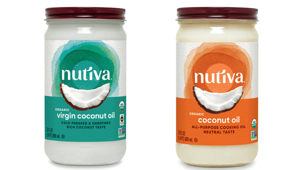 Two versions of organic coconut oil from Nutiva, virgin and all-purpose, each in a 23 oz. glass jar. Nutiva coconut oil – ethical review.