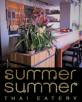 Interior photo of Thai restaurant, Summer Summer, with their logo underneath.
