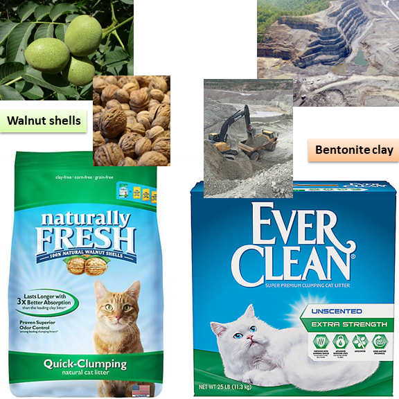 Walnut shells are shown next to Naturally Fresh brand of cat litter while a bentonite clay strip mine is shown next to Ever Clean litter.