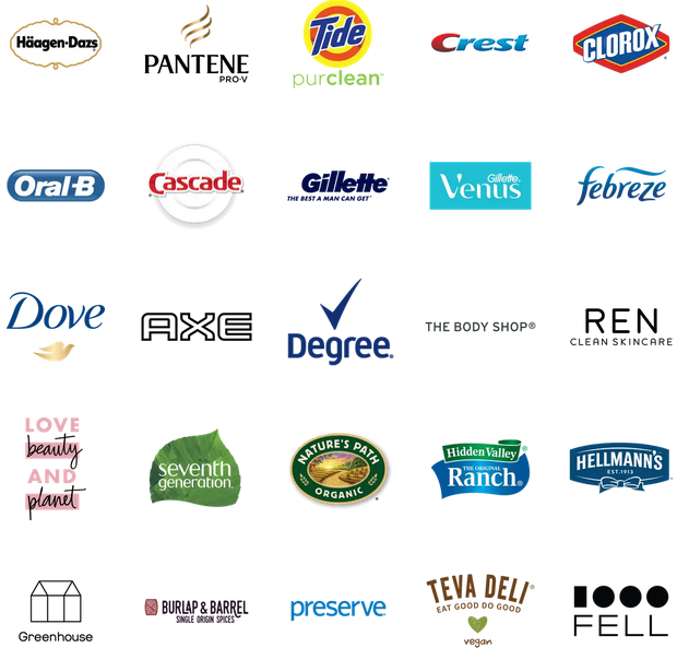 Logos for 25 brands that are featured by Loop. They include several brands owned by by P&G (Tide, Febreze, Gillette, Pantene, Crest), Unilever (Axe, Dove, Seventh Generation, Love Beauty and Planet), and Nestlé (Häagen-Dazs).