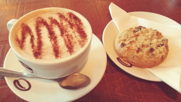 A capuccino and cookie at Esquires cafe in Dublin.