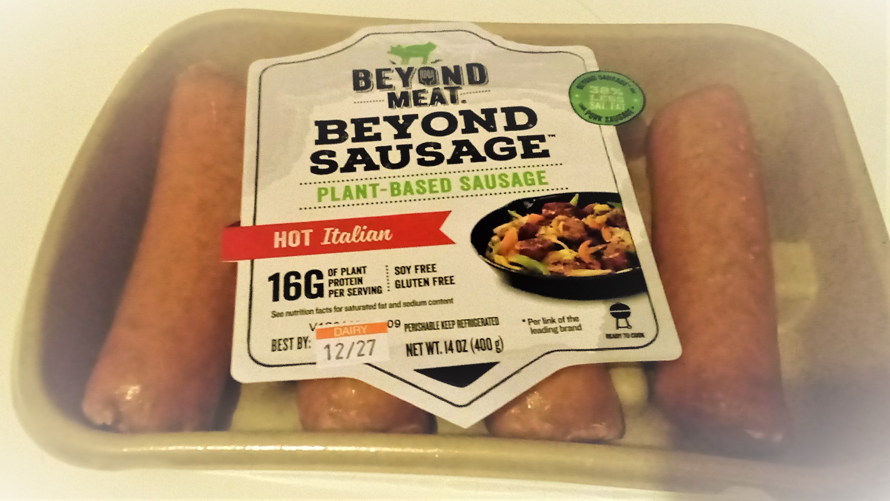 A package of plant-based sausages from Beyond Meat