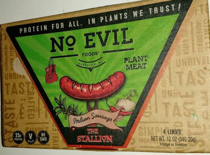A package of "The Stallion" sausages from No Evil Foods, composed of cardboard.