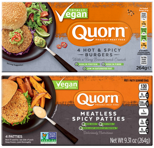 Two packages (the UK and US versions) of the new vegan spicy burger patties available from Quorn.