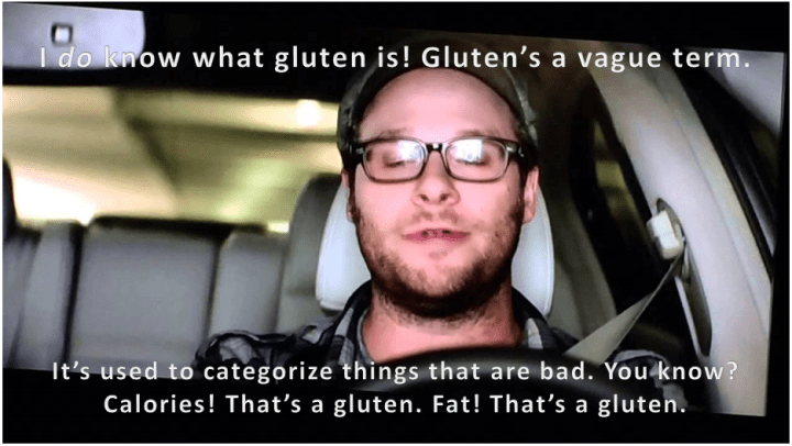 A meme-style image of Seth Rogen behind the wheel of a car, from the film The End, containing a quote from his character: "I do know what gluten is. Gluten’s a vague term. It’s used to categorize things that are bad. You know? Calories! That’s a gluten. Fat! That’s a gluten."