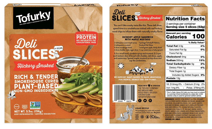 Images of the front and back of Tofurky's hickory-smoked deli slices