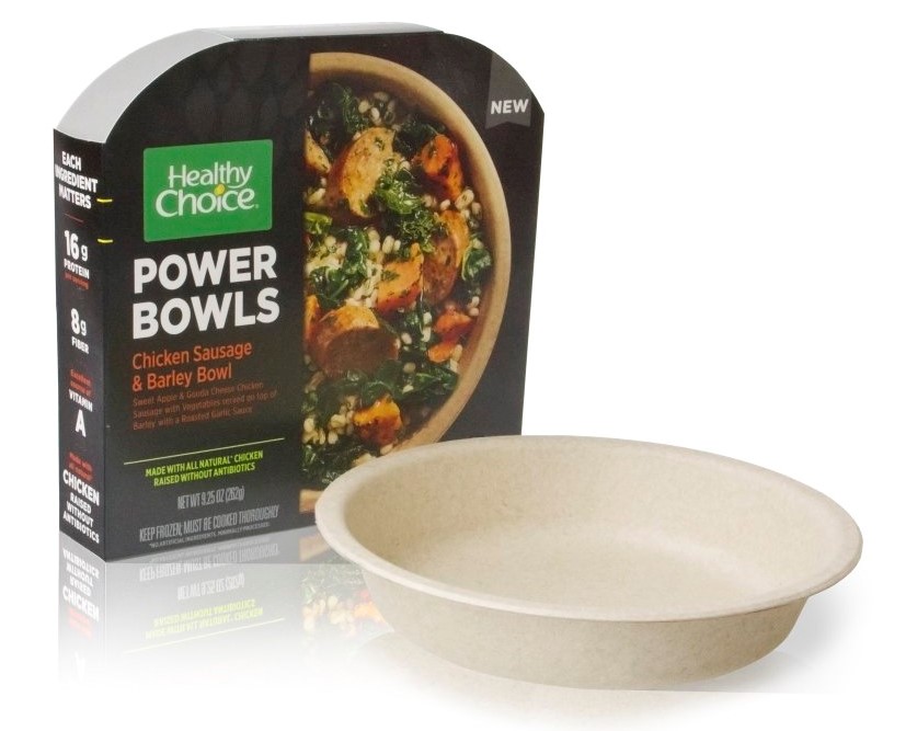 Conagra Brands – sustainability and ethical rating. The image shows a compostable bowl, made from plant fiber by Footprint, used for a Conagra frozen meal.