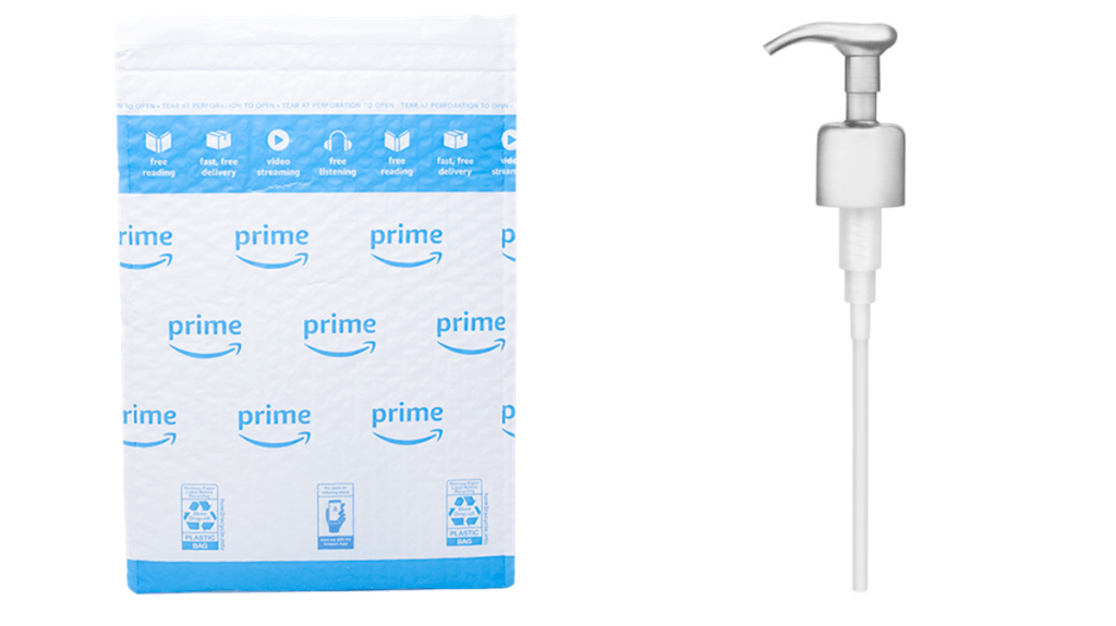 A realistic guide to recycling: California’s plastic problem. Two items that aren't readily recyclable are shown - an Amazon bubble envelope and a soap dispenser top.