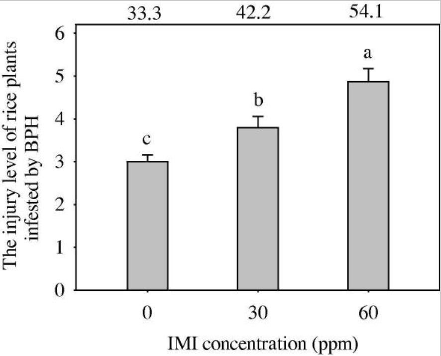 Risk/benefit analysis of Bayer's Imidacloprid. The graph shows that treatment of rice plants with imidacloprid actually increases susceptibility to damage by the brown planthopper.