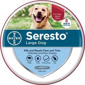 Seresto flea collar and imidacloprid. A package containing a Seresto flea collar is shown, bearing the Bayer logo. The product is now sold by Elanco, which bought  Bayer's animal health division in 2019. 