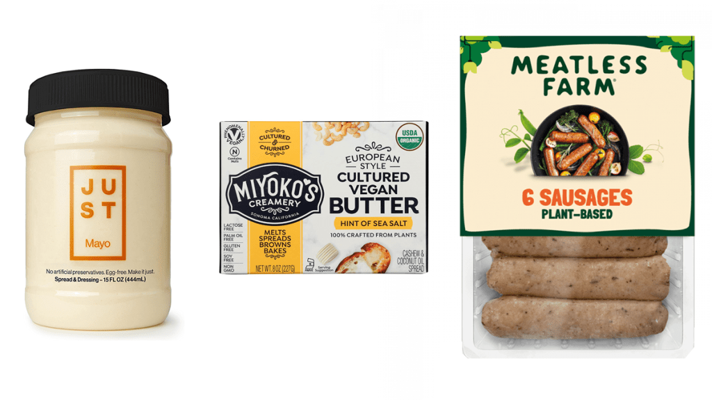 vegan companies are being harassed - JUST Mayo, Miyoko's creamery, and Meatless Farm. Three plant-based products from companies that have been harassed are shown - JUST vegan Mayo, Miyoko's vegan butter, and Meatless Farm vegan sausages.