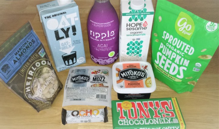 Ethical Review of the Grocery Outlet. Items purchased recently, including plant-based milk from Oatley, Ripple, and Hope & Sesame; marcona almonds and spouted pumpkin seeds, vegan mozzarella and cheese spread from Miyoko's, and chocolate from Tony's Chocolonely and OCHO.