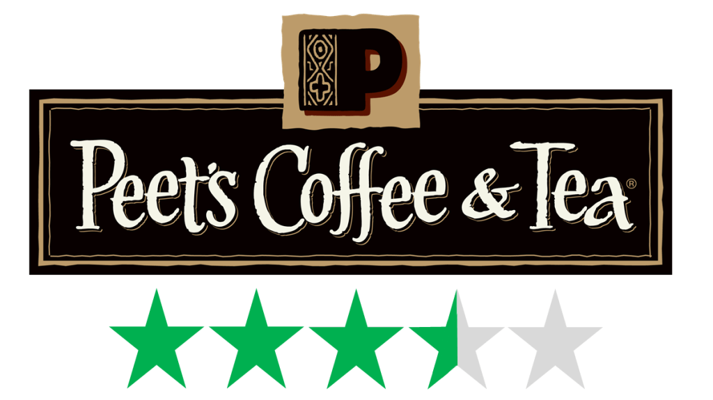 Peet’s Coffee – sustainability and social responsibility, Green Stars rating. The logo for Peet's Coffee is shown with a graphic beneath it of 3.5 Green Stars, representing an ethical score. 