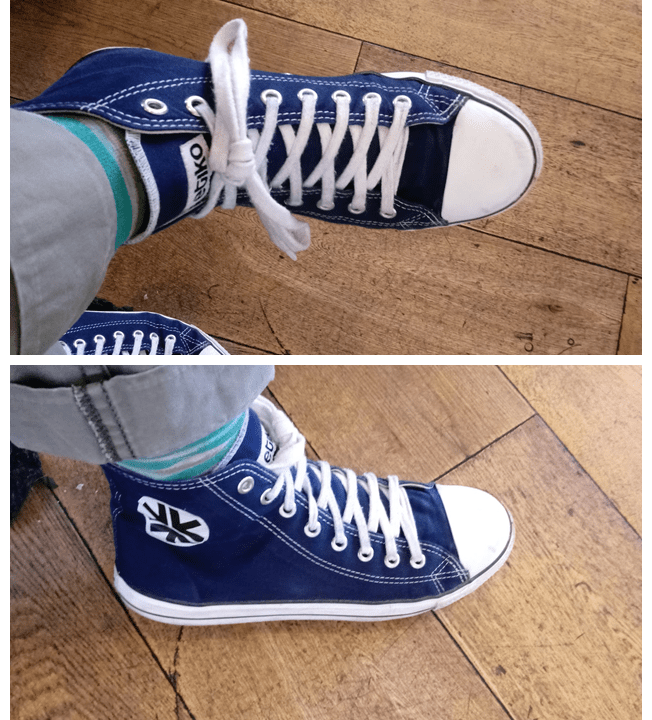 Etiko high tops canvas shoes, shown from two angles. They resemble Converse high tops but are more ethcial in that they are made in a fair trade factory from organic, fair trade cotton and FSC-certified natural rubber