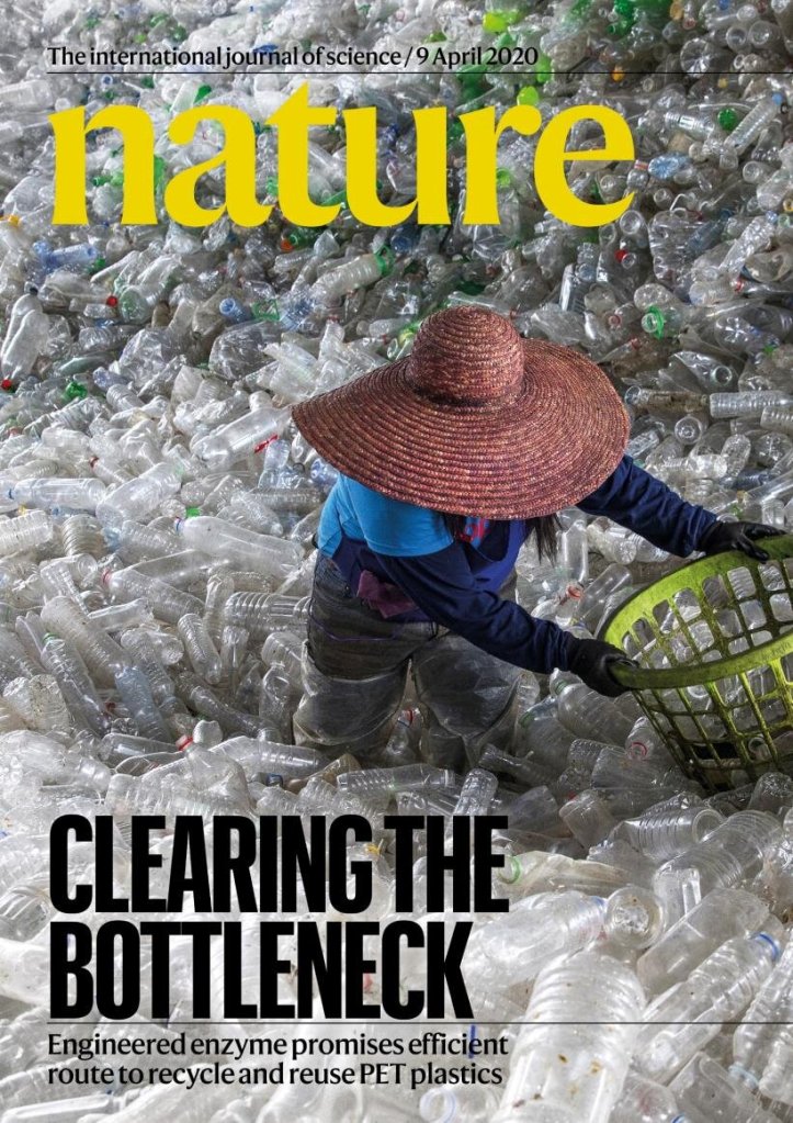 Ethical Investing – Carbios recycles polyester. Cover image of Nature journal, April 9, 2020, shows a woman sorting through a huge pile of PET plastic bottles. 