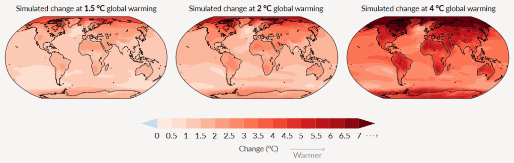 IPCC AR6 2021 Report summary. The image shows projected regional temperature changes in three world maps in three scenarios: global temperate increases of 1.5, 2.0, or 4.0 degrees Celcius.