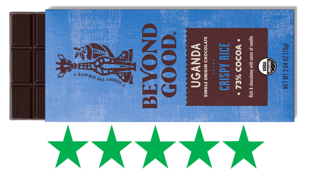 Beyond Good chocolate - green stars score for social and environmental impact. The image shows a bar of Beyond Good chocolate over a graphic of 5 Green Stars, representing a top score for social and environmental impact.