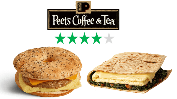 The logo of Peet's Coffee & Tea is shown, coupled with a graphic showing an ethical rating of 4/5 Green Stars. Under this, two plant-based items are pictured - the plant-based everything sandwich (still on the menu) and a second item (plant-based Mediterranean flatbread) that has been discontinued.  