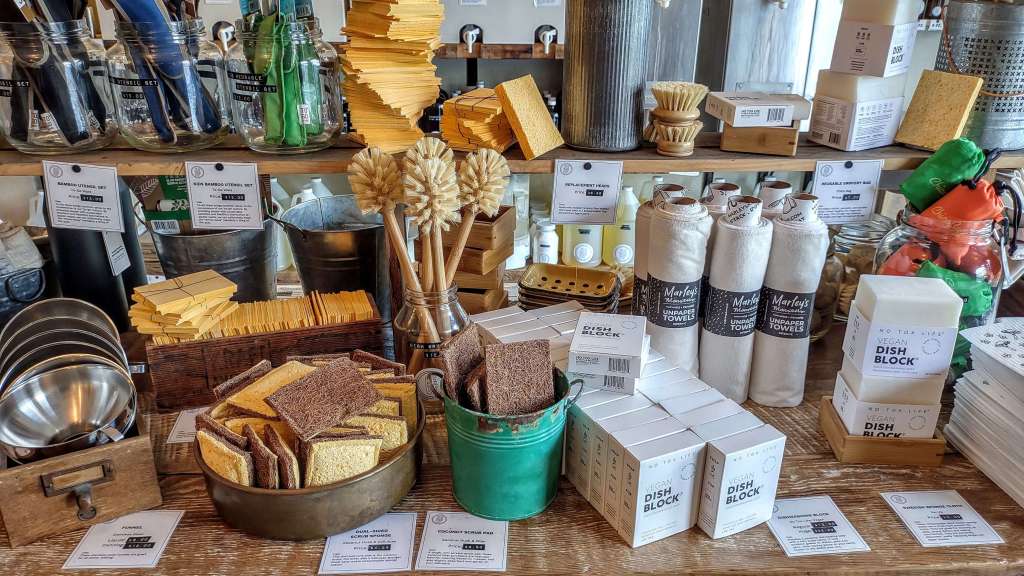 Re-Up Refill Shop, Oakland, California -  various low-waste kitchen cleaning supplies are shown.