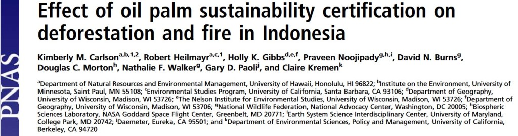 Screenshot of the title and author list of the 2018 paper titled, Effect of oil palm sustainability certification on deforestation and fire in Indonesia.