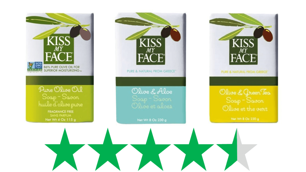 Kiss my Face soaps are pictured. Below it is a graphic showing a score of 4.5 out of 5 Green Stars for social and environmental impact. 
