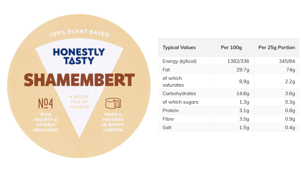 Nutrition Information for Shamembert- vegan Camembert from Honestly Tasty. The image shows a package of Honestly Tasty Shamembert cheese, next to a table showing Nutritional Information. Per 100 grams, the cheese provides 29.7 g total fat, 8.9 g saturated fat, 14.6 g carbs, 1.3 g sugars, 3.1 g protein, 3.5 g fiber, and 1.5 g salt. Honestly Tasty raises the bar on vegan cheese.