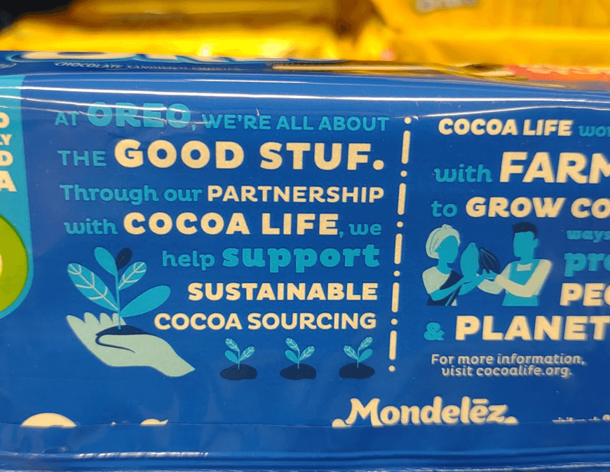 Mondelez’s Cocoa Life logo displayed on a package of Oreos, along with the message, 100% sustainably sourced cocoa. In-house ethical souring logos: trust, avoid or ignore?