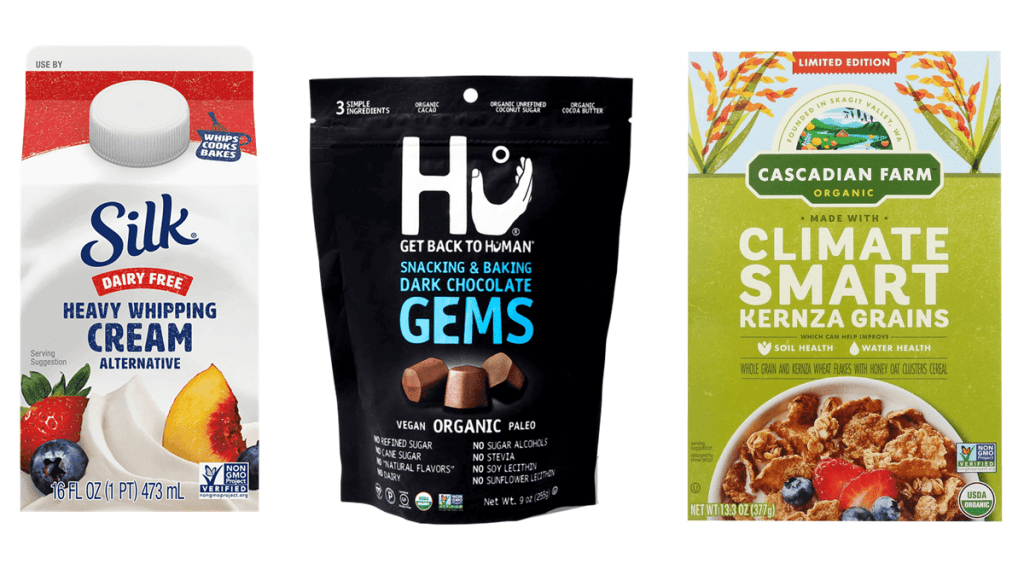 Ethical brands owned by mediocre multinationals are pictured - Silk plant-based cream, Hu organic chocolate, and Cascadian Farm organic cereal. 