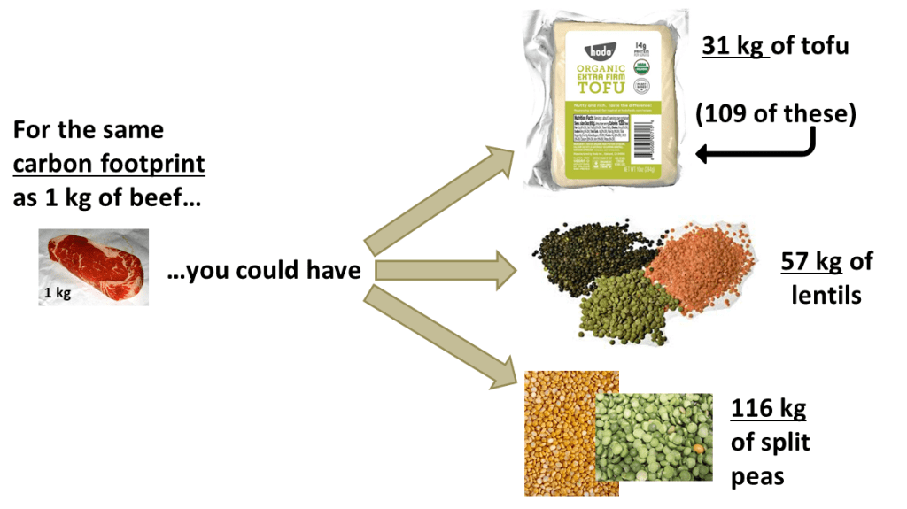 Comparing the carbon footprint of 1 kg beef to tofu, lentils and split peas. The image shows how much other food could be consumed for the same carbon footprint of beef - 31 kg tofu, 57 kg lentils, or 116 kg of split peas.