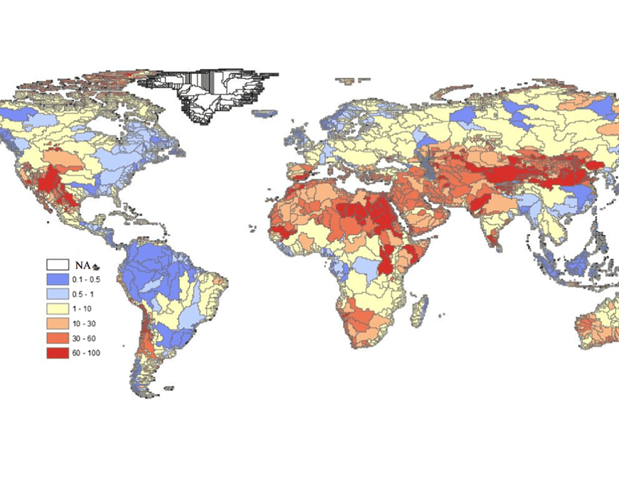 A world map published by the AWARE model (2018) ranks water scarcity on a scale of 0.1 to 100. Regions are colored various shades of blue, cream, and red depending on the level of water scarcity.