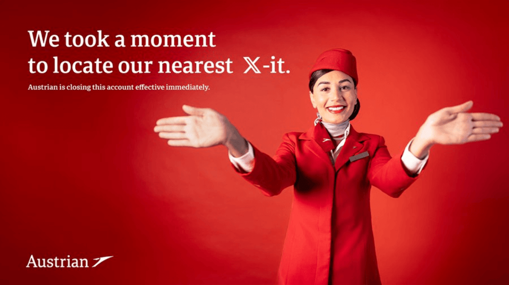A final post on X (Twitter) from Austrian Airlines shows a flight attendant diving directions to airplane exits. Above her is the text, "We took a moment to locate our nearest X-it." Underneath is the message, "Austrian is closing this account effective immediately."