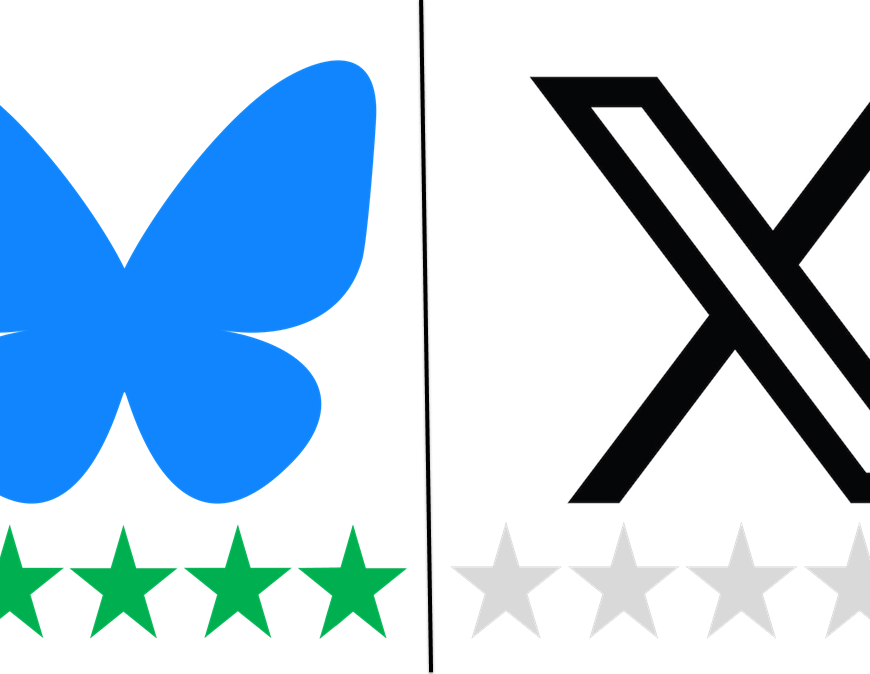 The Bluesky logo is down on the left and the X (Twitter) logo is shown on the right. Underneath the Bluesky and X logos are their respective ethical ratings of 5/5 and 0/5 Green Stars for social and environmental impact.