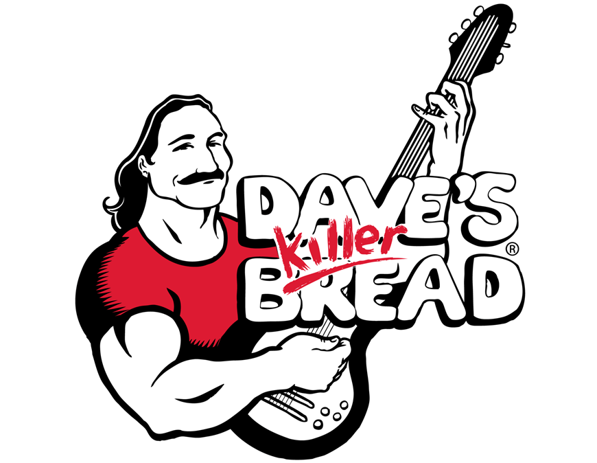 Dave's Killer Bread logo is pictured. This comprises a drawing of a man with long hair and mustache in a red T-shirt playing an electric guitar. Over this are the words Dave's Killer Bread. Dave's Killer Bread second chances program.