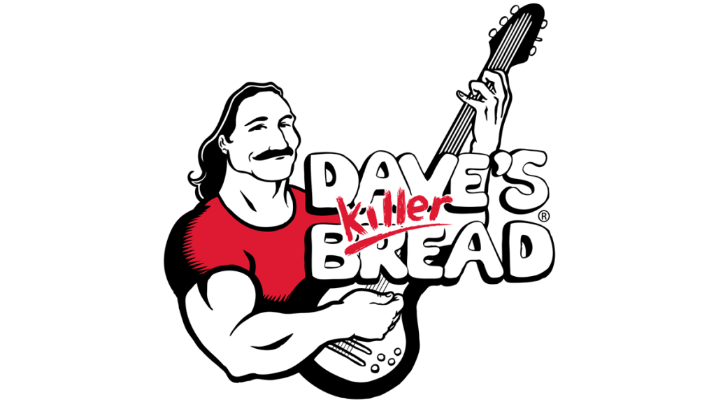 Dave's Killer Bread logo is pictured. This comprises a drawing of a man with long hair and mustache in a red T-shirt playing an electric guitar. Over this are the words Dave's Killer Bread. Dave's Killer Bread second chances program.
