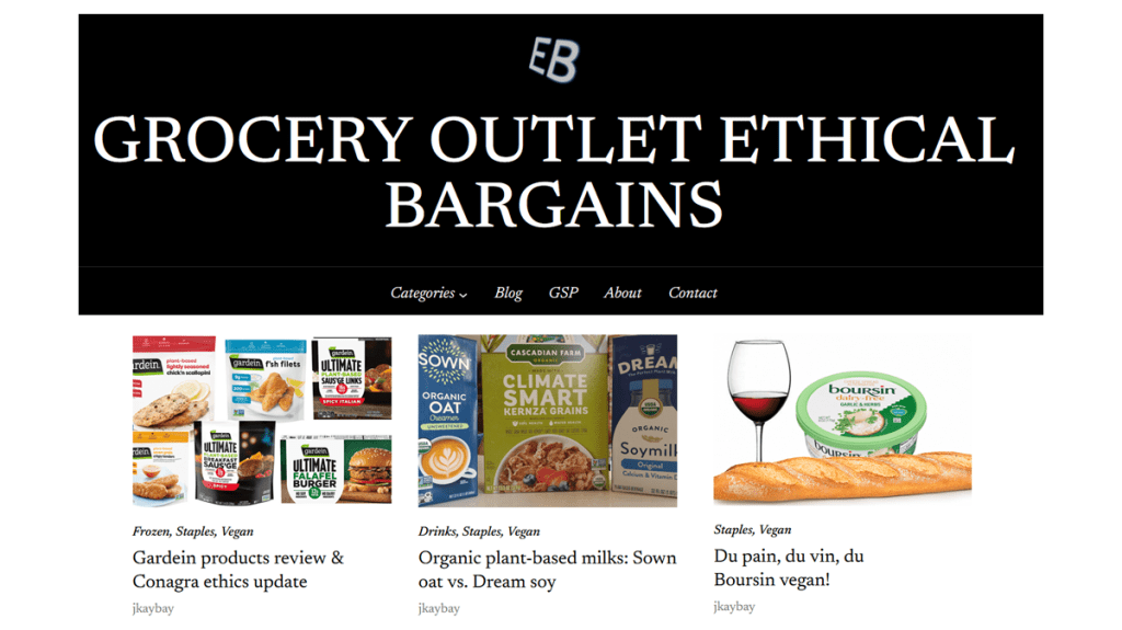 A screenshot of the website Ethical Bargains - ethicalbargains.org.
Three blog posts are featured, evaluating the social and environmental impact of Gardein products, Sown oat milk versus Dream soy, and vegan Boursin.
