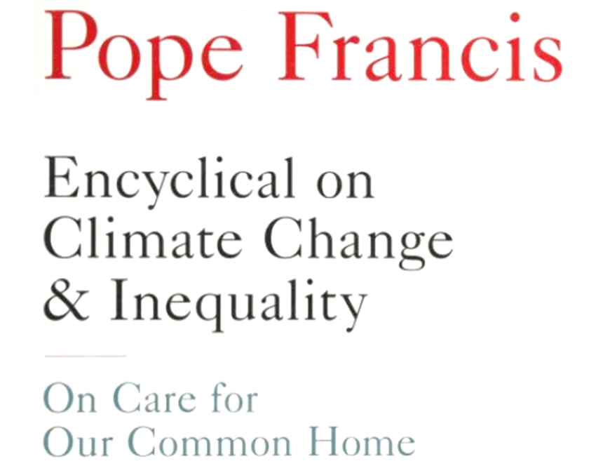The book cover of Pope Francis's 2015 book is shown. The title is Encyclical on Climate Change and Inequality and the subtitle is On Care for Our Common Home.