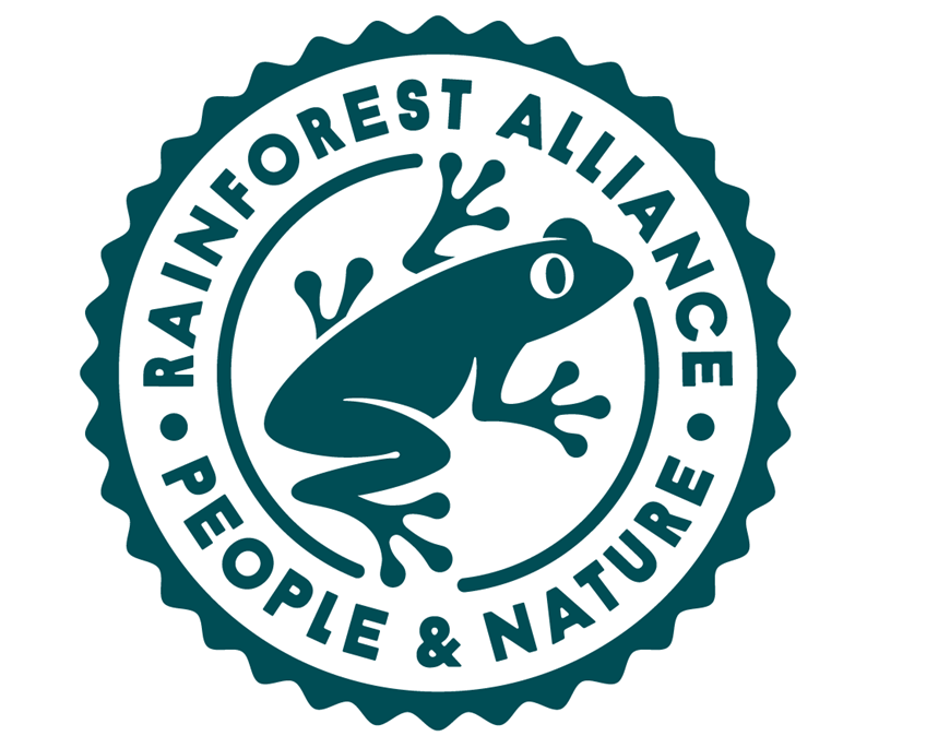 The Rainforest Alliance logo is shown. It's a circular logo consisting of a green frog drawing in the center, surrounded by the words: Rainforest Alliance, People & Nature.