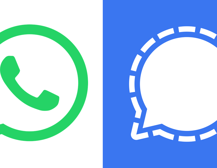 Logos for messaging apps WhatsApp and Signal are pictured. Both are based around the image of a speech bubble: the WhatsApp logo is in green and white, while the Signal logo is blue and white.