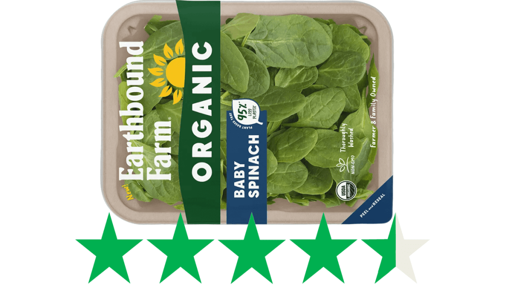 A picture of Earthbound Farm greens in compostable tray is shown. Below is is a graphic showing a rating of 4.5 out of 5 green stars rating for social and environmental impact.