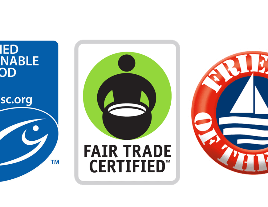 Three seafood certification logos are shown in a row: Marine Stewardship Council (MSC), Fair Trade USA, Friend of the Sea.