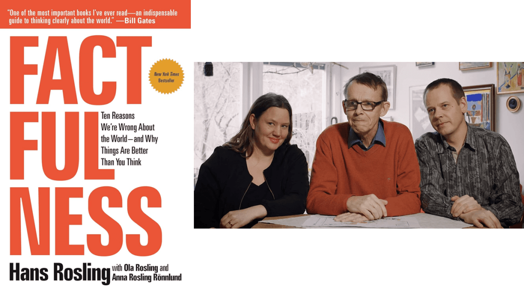 Hans Rosling's book Factfulness is shown on the left. On the right is a  photo of Hans sitting between his son Ola and daughter-in-law Anna.