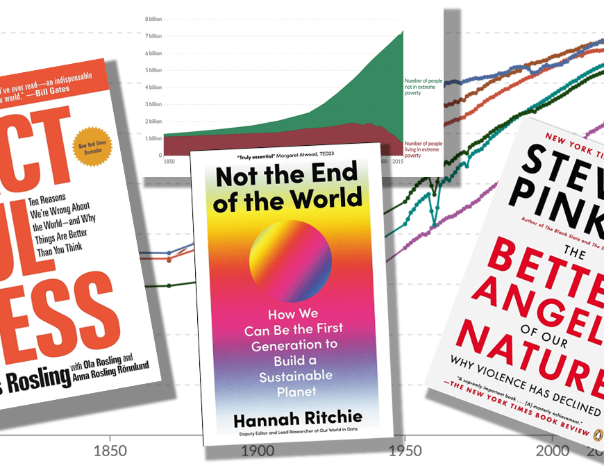 Should we listen to the New Optimists? A composite image showing books by Hans Rosling, Steven Pinker and Hannah Ritchie. In the background are graphs from Max Roser's website, Our World in Data.