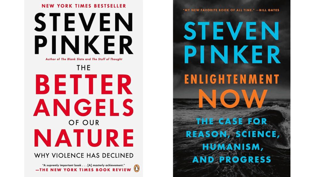 Two books by Steven Pinker are pictured: The Better Angels of our Nature (2011), and Enlightenment Now (2021).