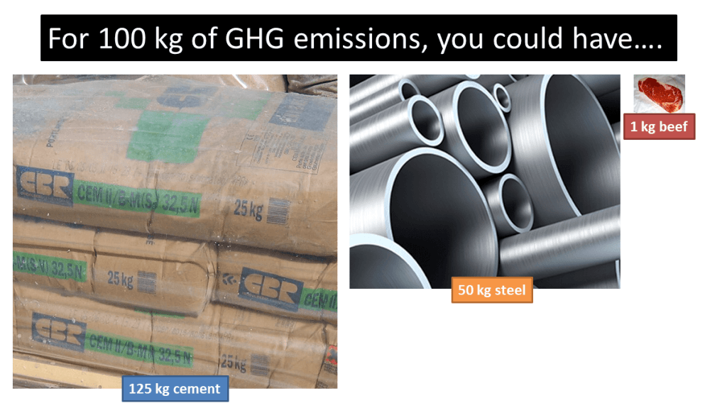 The image shows a number of cement bags (125 kg), about half as much steel (50 kg) and a small amount of steak (1 kg). The caption above these three items reads: For 100 kg of GHG emissions, you could have….