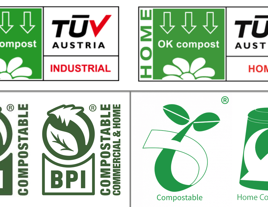 Certified compostable logos to look out for from TÜV, BPI and ABA. In each case there's a different certification and logo for home composting and industrial composting.