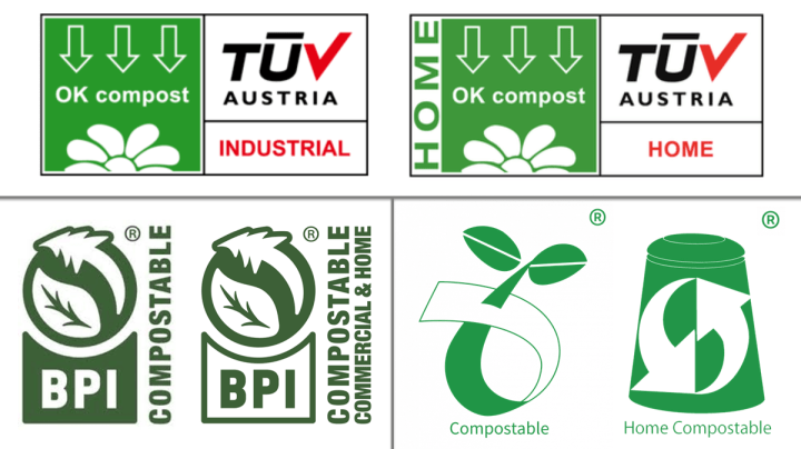 Certified compostable logos to look out for from TÜV, BPI and ABA. In each case there's a different certification and logo for home composting and industrial composting.