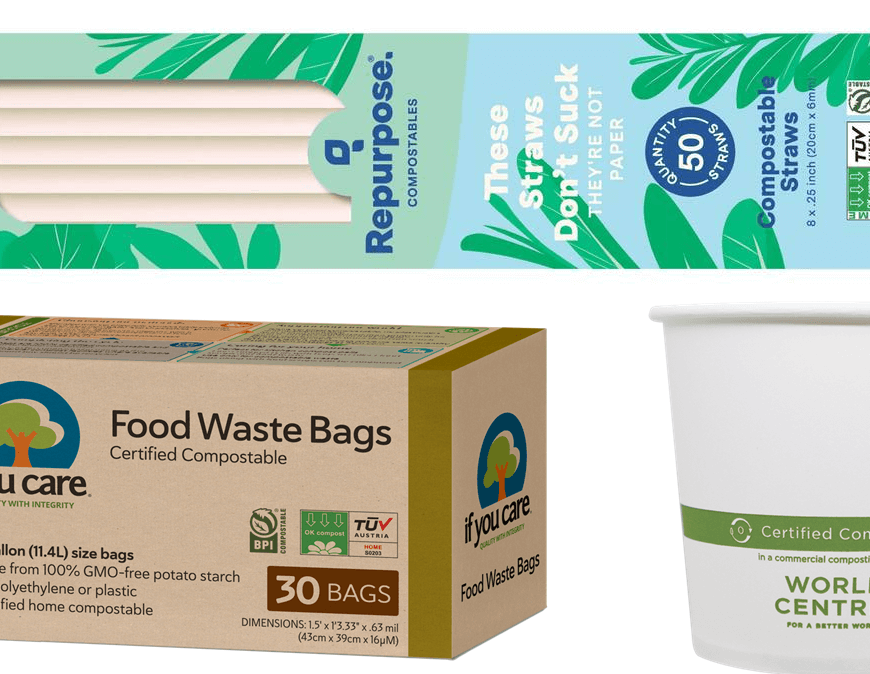 Three certified compostable products are pictured - a box of straws from Repurpose, a box of food waste bags from If You Care, and a compostable paper cup from World Centric.