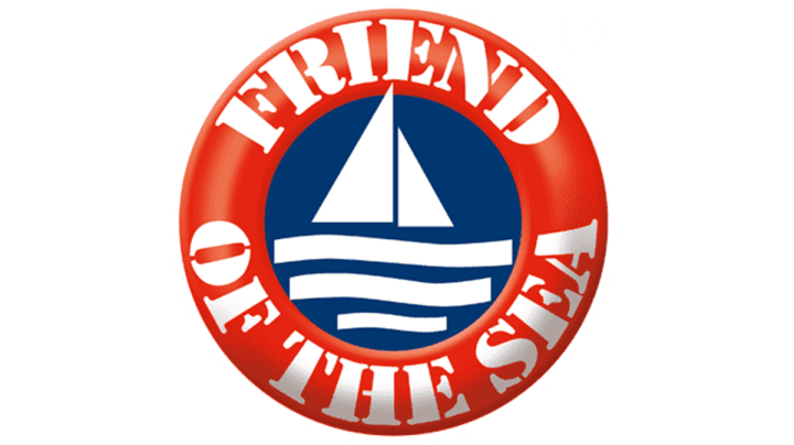 The Friend of the Sea logo for certified sustainable seafood is pictured. It contains a graphic of a boat on water surrounded by a red ring with text in white, reading Friend of the Sea.