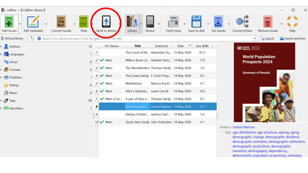 A screenshot of Calibre software showing the transfer of a book (or in this case a PDF file) from a laptop to Kindle.